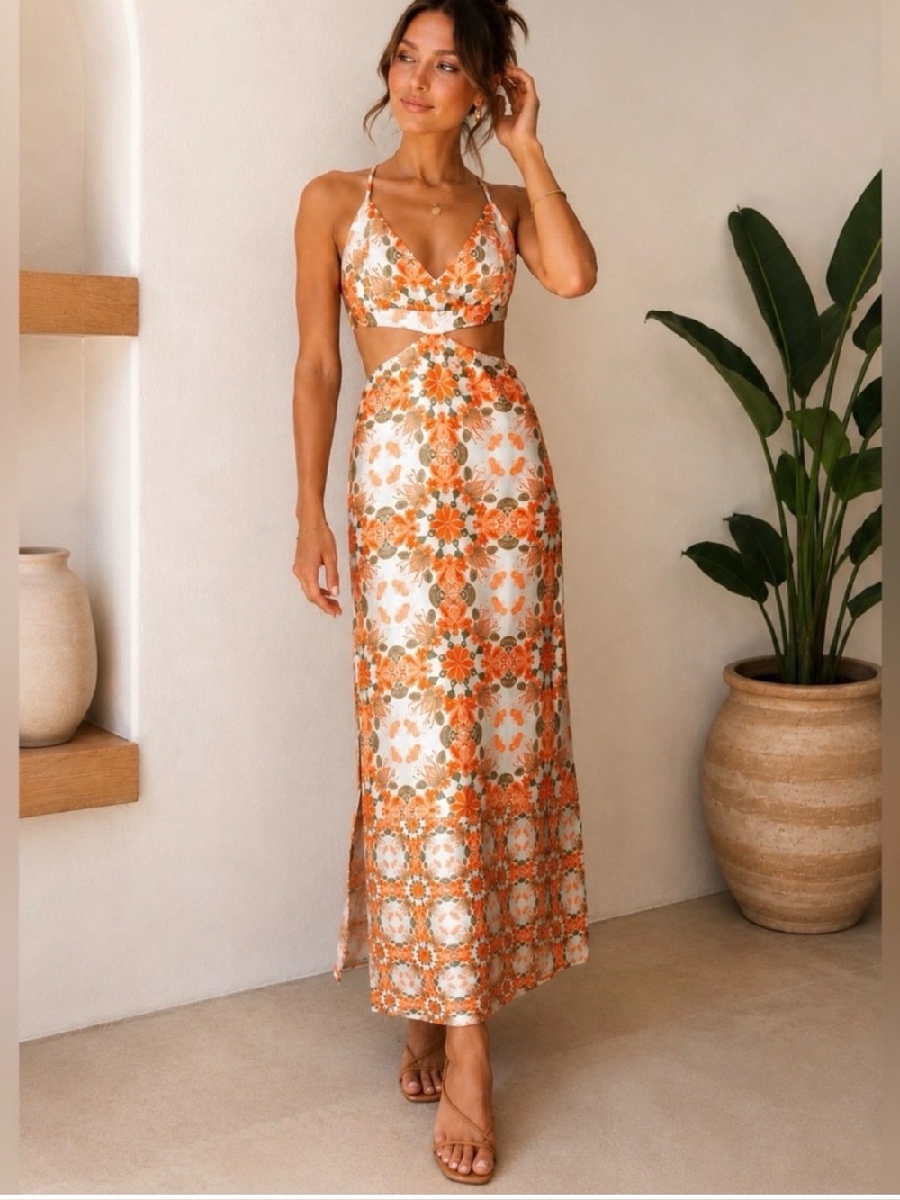 NWT ✧🧡 House of Harlow 1960 🧡✧ Floral Cutout Midi Dress Orange White L